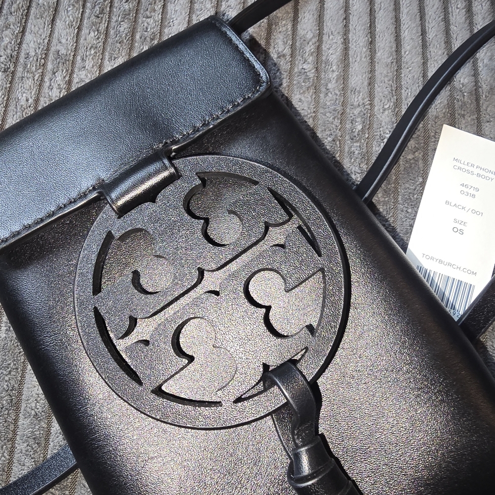Tory Burch Black Leather Logo Crossbody Phone Bag - Picture 3 of 5